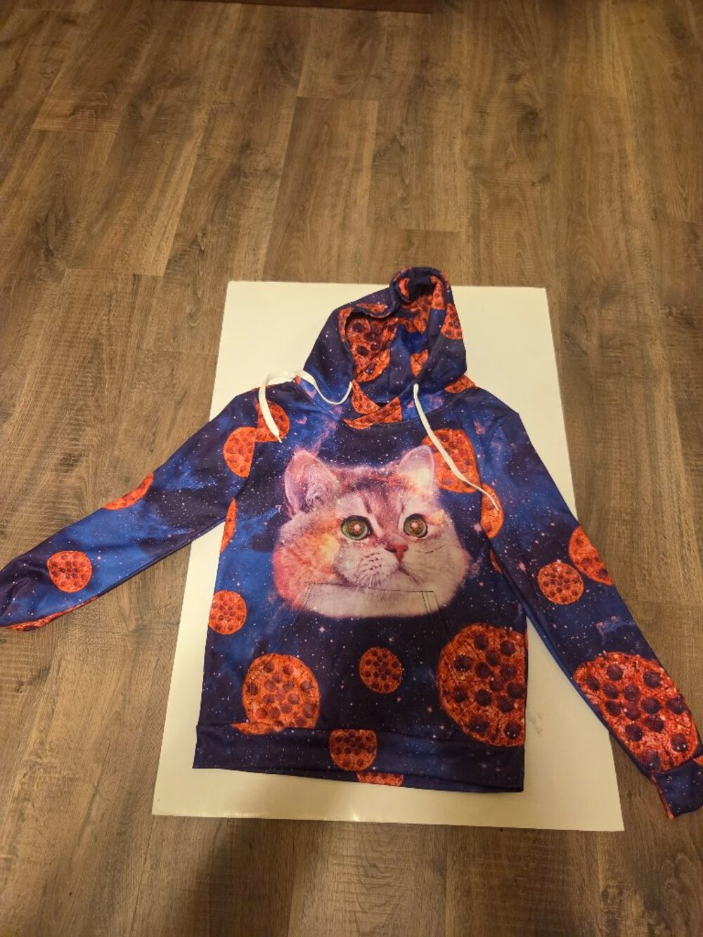 Cosmic Pizza Cat Design 3-D Printed Polyester Hooded Sweatshirt - Size S-Unisex
